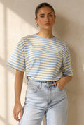 Geel Blauw Gestreept T-shirt met Korte Mouwen en Ronde Hals