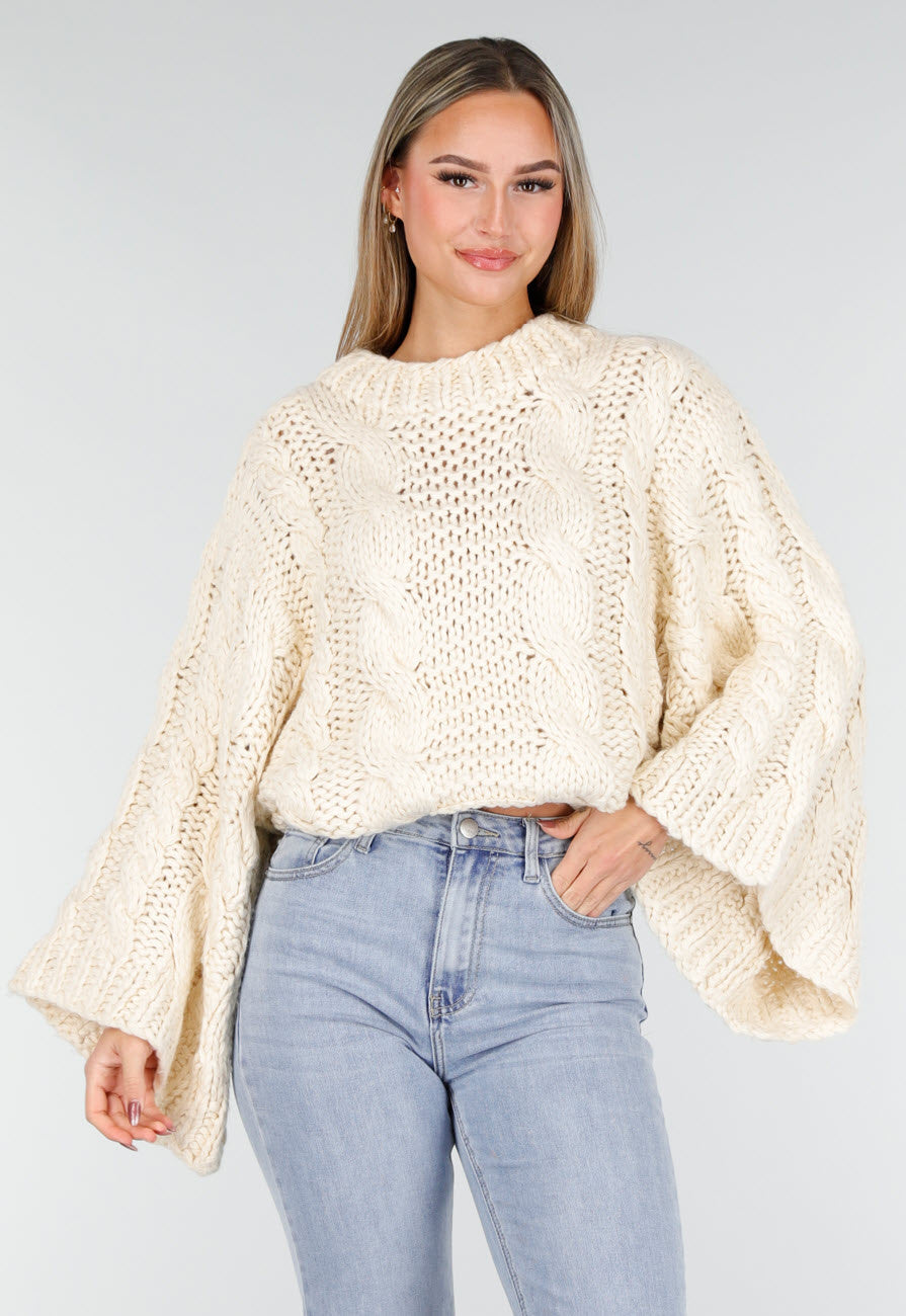 Cream Oversized Grofgebreide Kabeltrui met Lange Mouwen