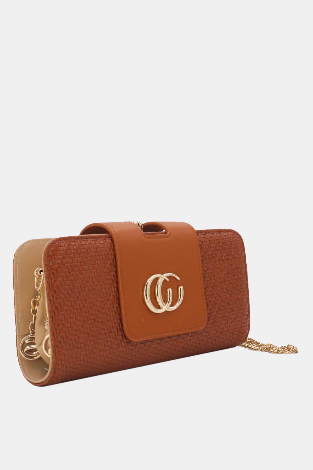 Cognackleurige Gevlochten Clutch met Gouden Schouderketting
