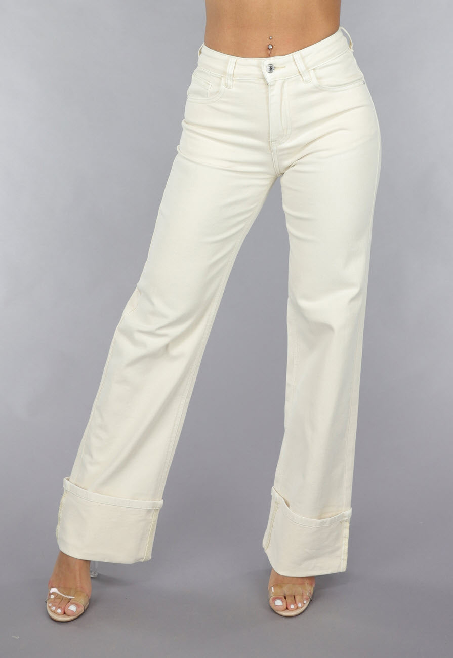 Beige Straight Leg Jeans met Omgeslagen Pijpen