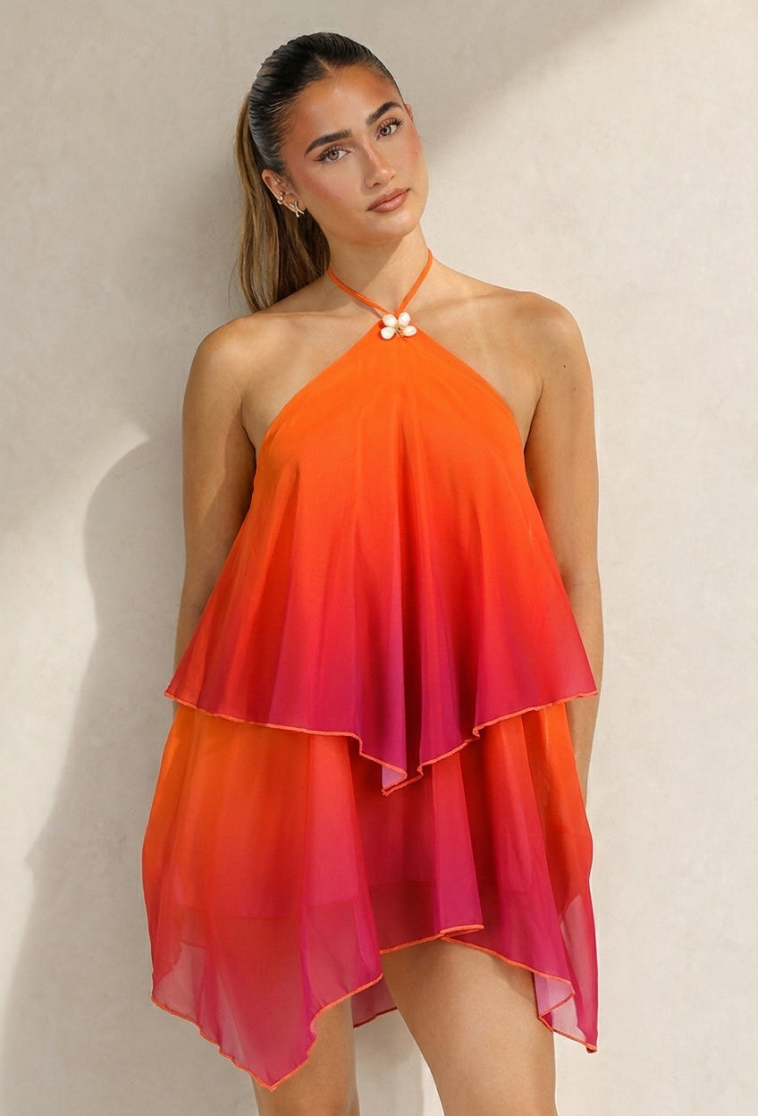 Oranje Roze Ombre Halter Jurk met Open Rug