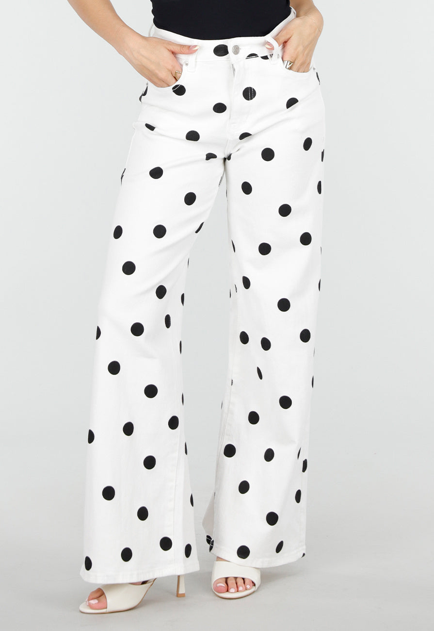 Witte Denim Wide Leg Jeans met Zwarte Stippen Print
