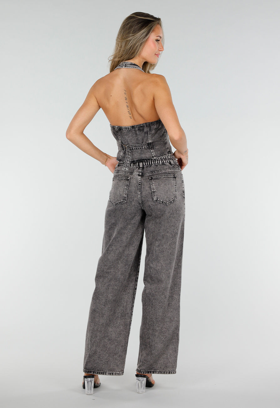 NEW010726 Zwarte Denim Two Piece Set met Halter Gilet en Wide Leg Jeans Voor Dames