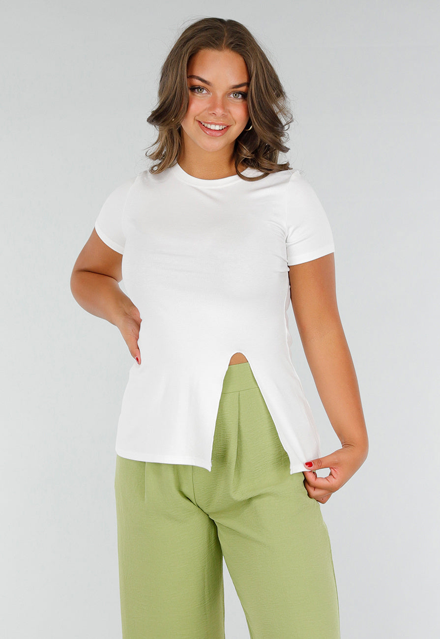 Wit Stretch T-Shirt met Zijsplit, Ronde Hals en Korte Mouwen