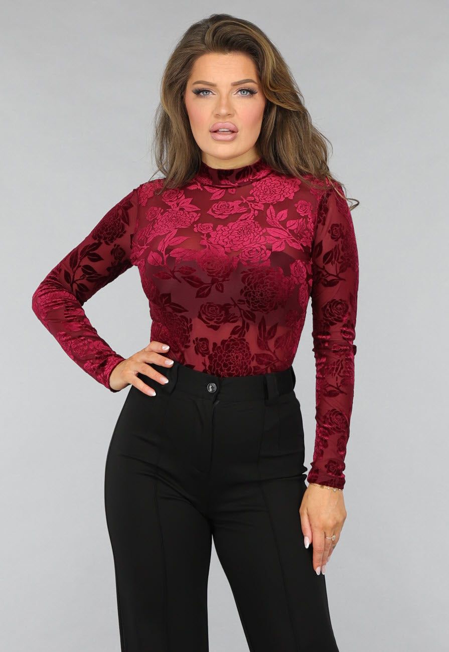Bordeaux Rode Velvet Bloemen Bodysuit