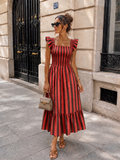 Rood Gestreepte Midi Jurk met Smockdetail en Ruffle Mouwen