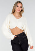 Gebroken Witte Cropped Trui met Ballonmouwen en V-Hals