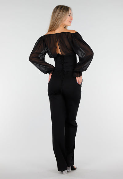 Zwarte Top met Mesh Mouwen en Korsetvormig Lijfje