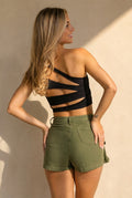 Zwarte One Shoulder Sporttop met Pads en Open Cut-out Rug en Strakke Pasvorm