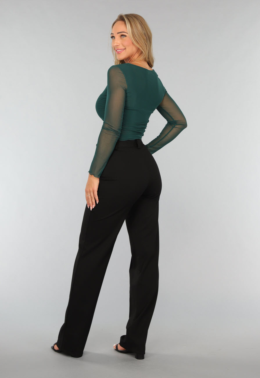 Korte Donkergroene Longsleeve Mesh Top