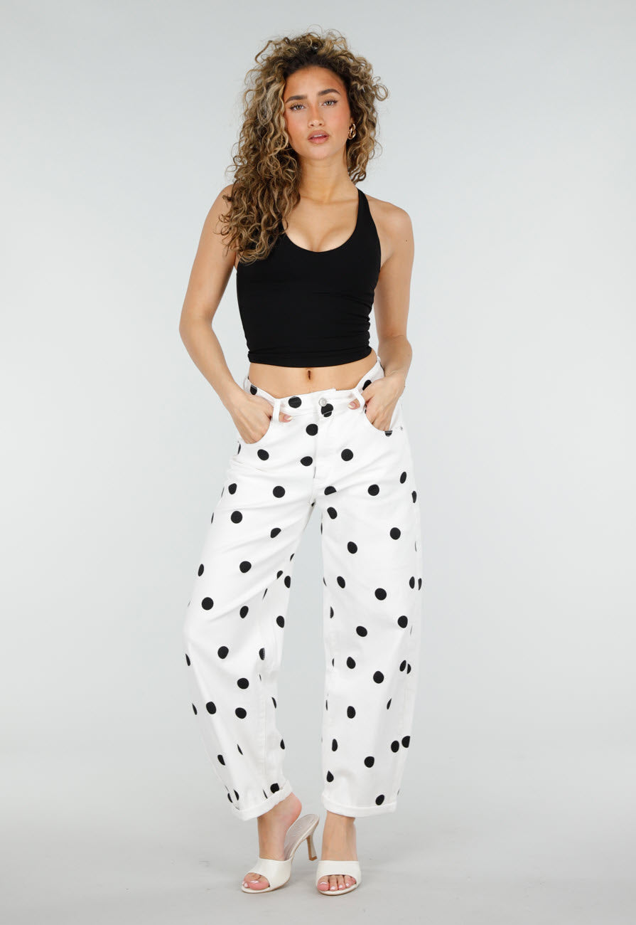 Witte Barrel Jeans met Zwarte Stippen en Hoge Taille