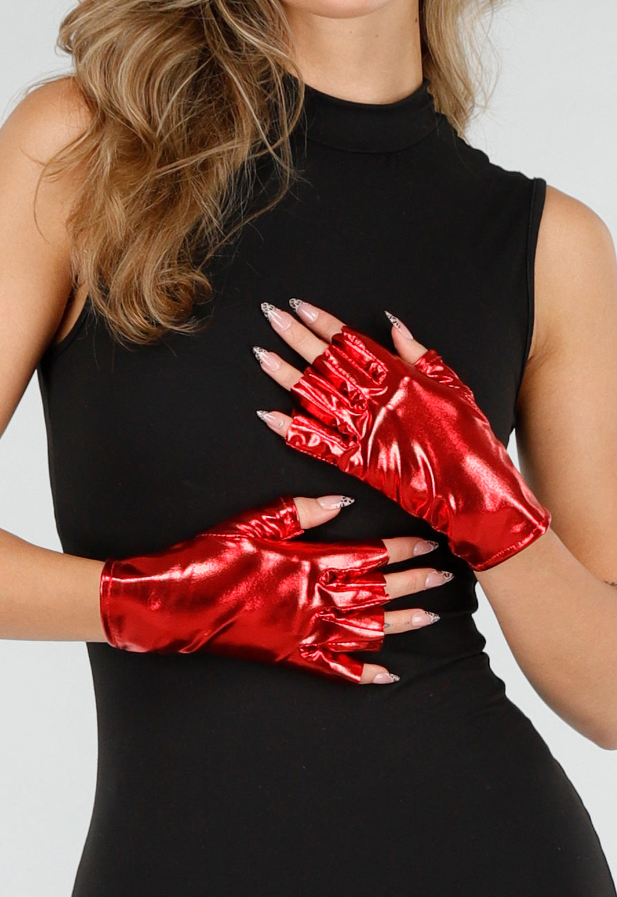 Rode Handschoenen van Glanzend Stretchmateriaal met Halve Vingers