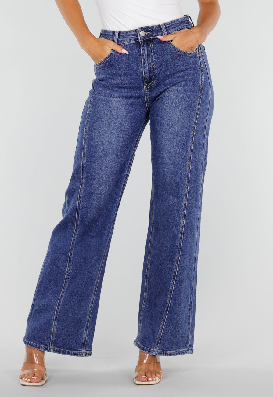 NEW020926 Blauwe High Waist Wide Leg Jeans met Sierstiksels en Zakken