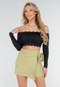 Zwarte Off Shoulder Crop Top met Lange Mouwen en Pads