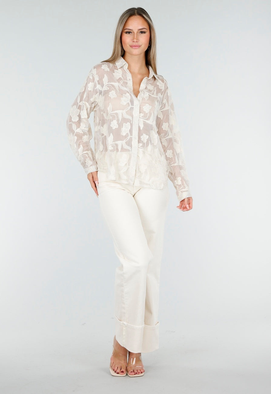 Beige Doorschijnende Blouse met Bloemenborduursel en Lange Mouwen