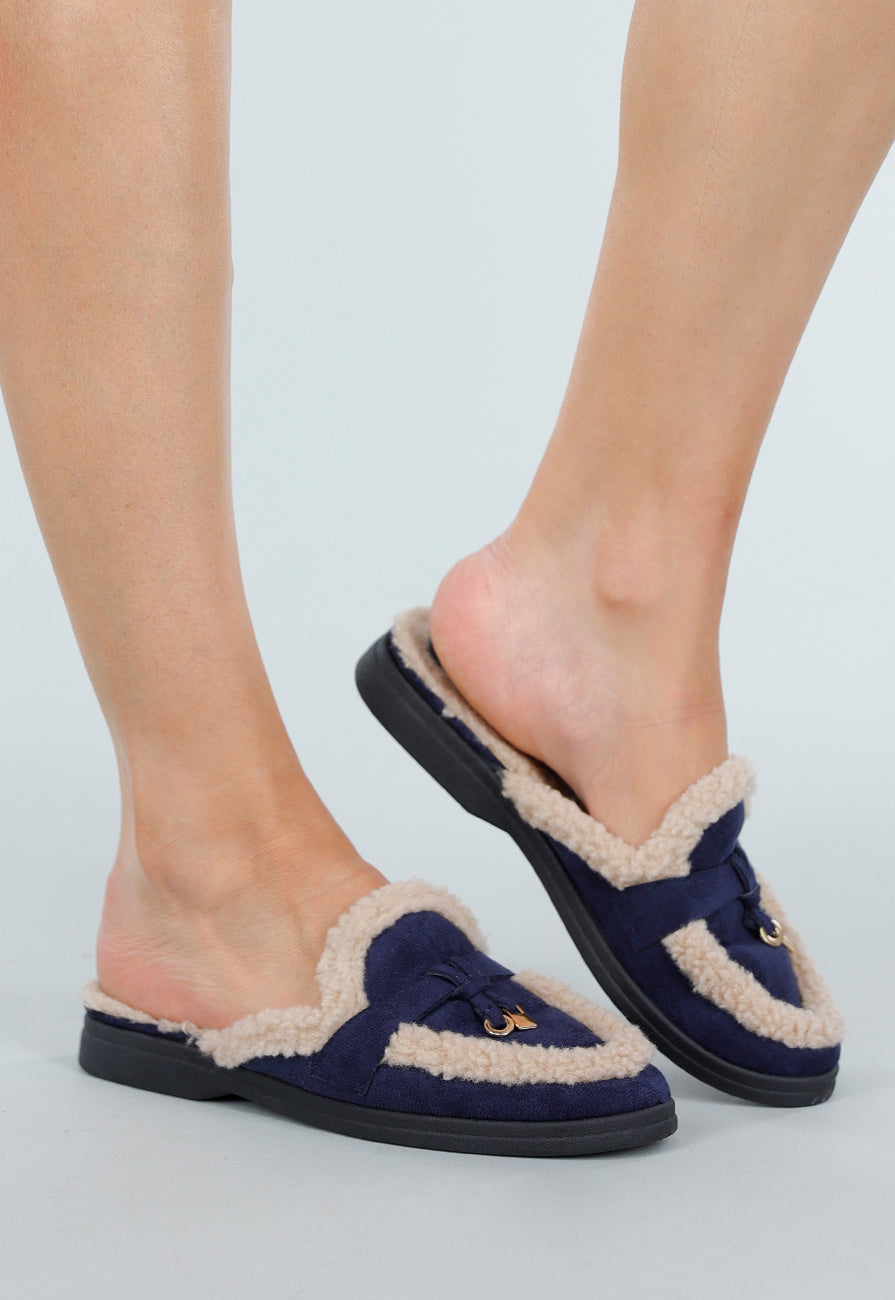 Navy Boucle Instappers met Gouden Detail