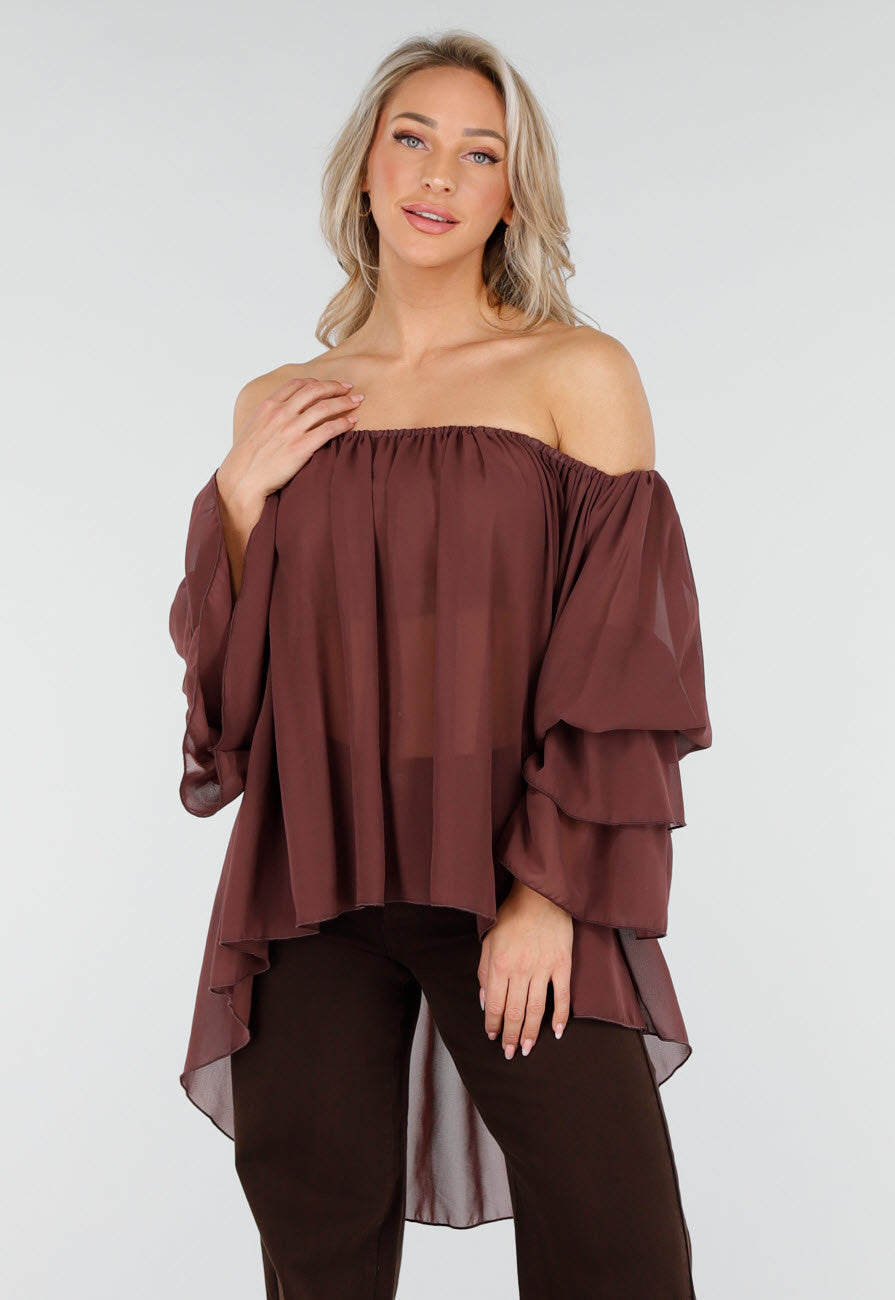 Donkerbruine Off Shoulder Blouse met Wijde Mouwen en Volant