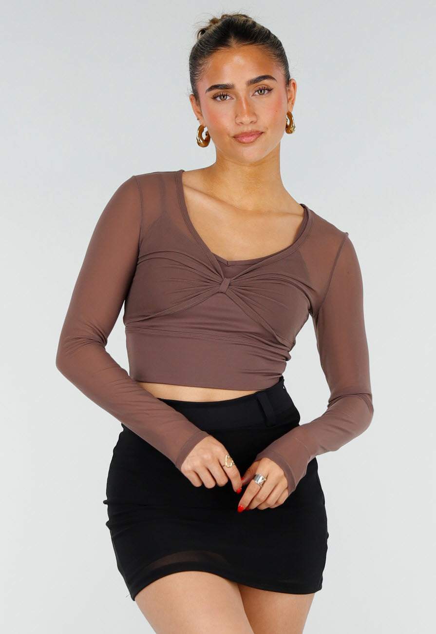 Bruine Stretch Mesh Crop Top met Losse Top en Pads