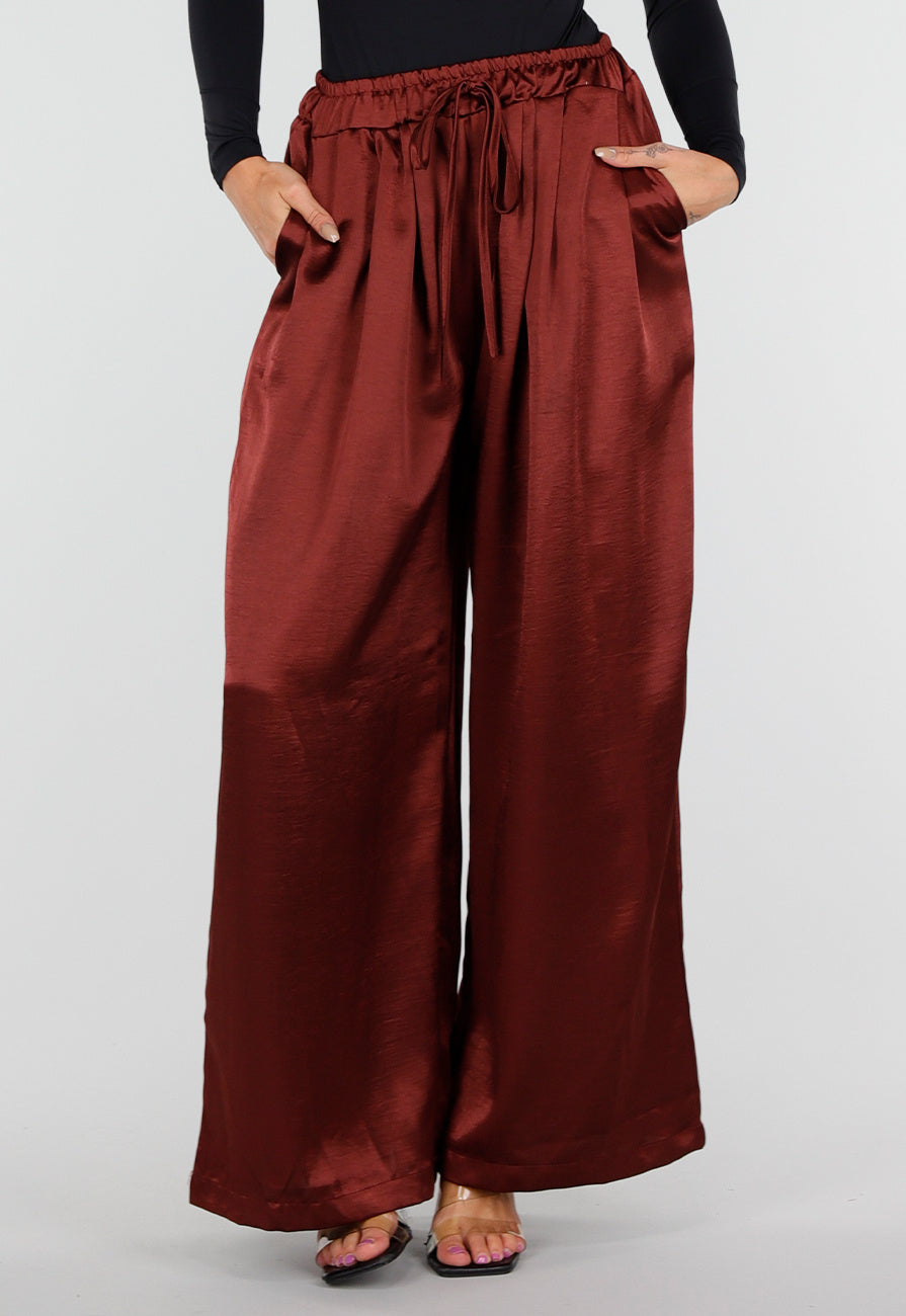 NEW010726 Satijnen Bordeaux Rode Wide Leg Broek met Elastische Taille