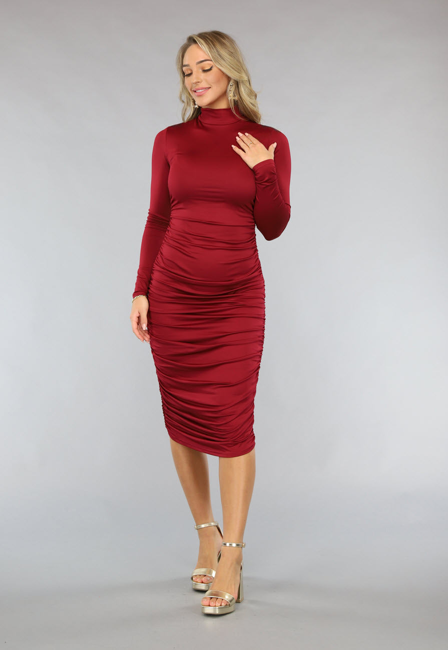 Rode Geplooide Bodycon Jurk met Lange Mouwen