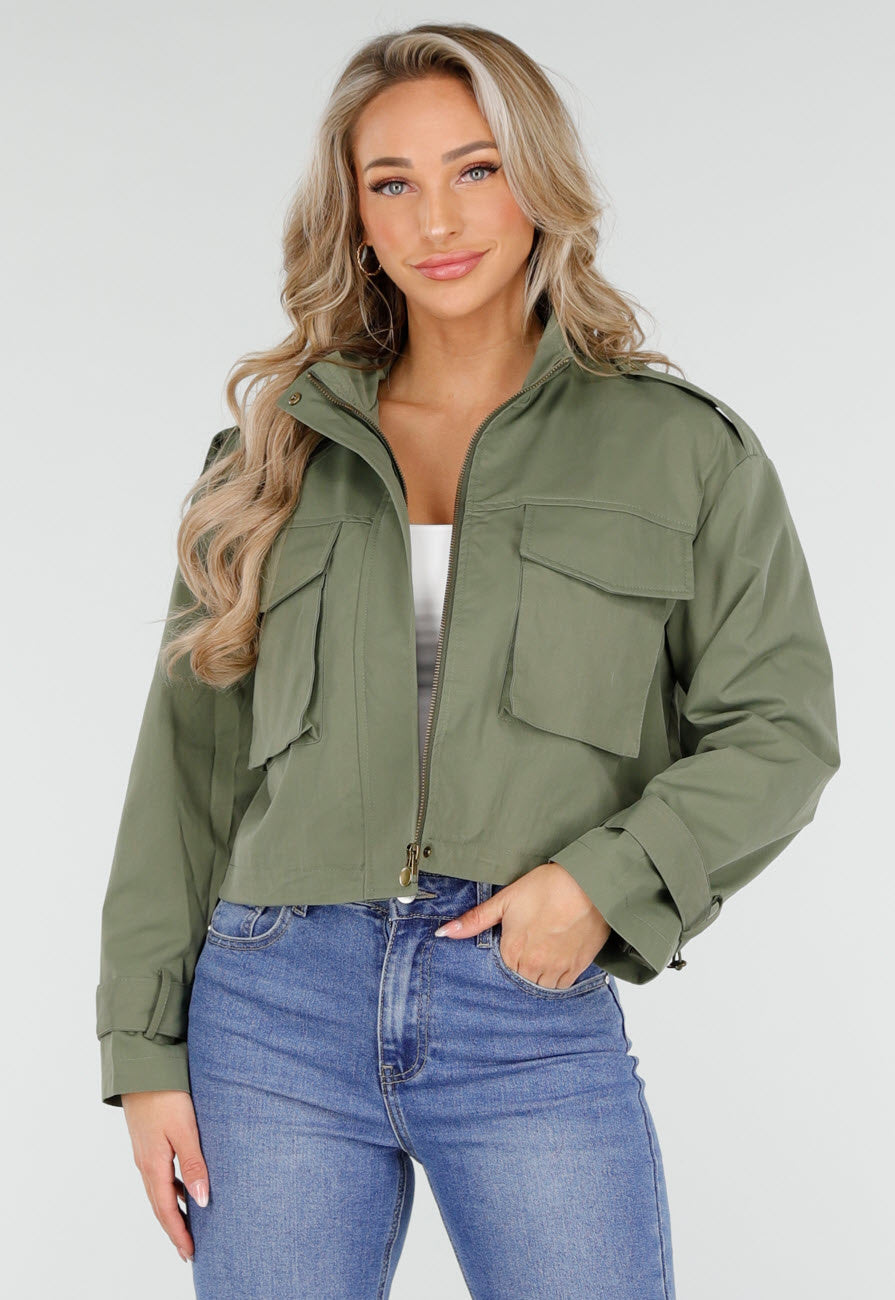 Groene Cropped Utility Jas met Grote Zakken