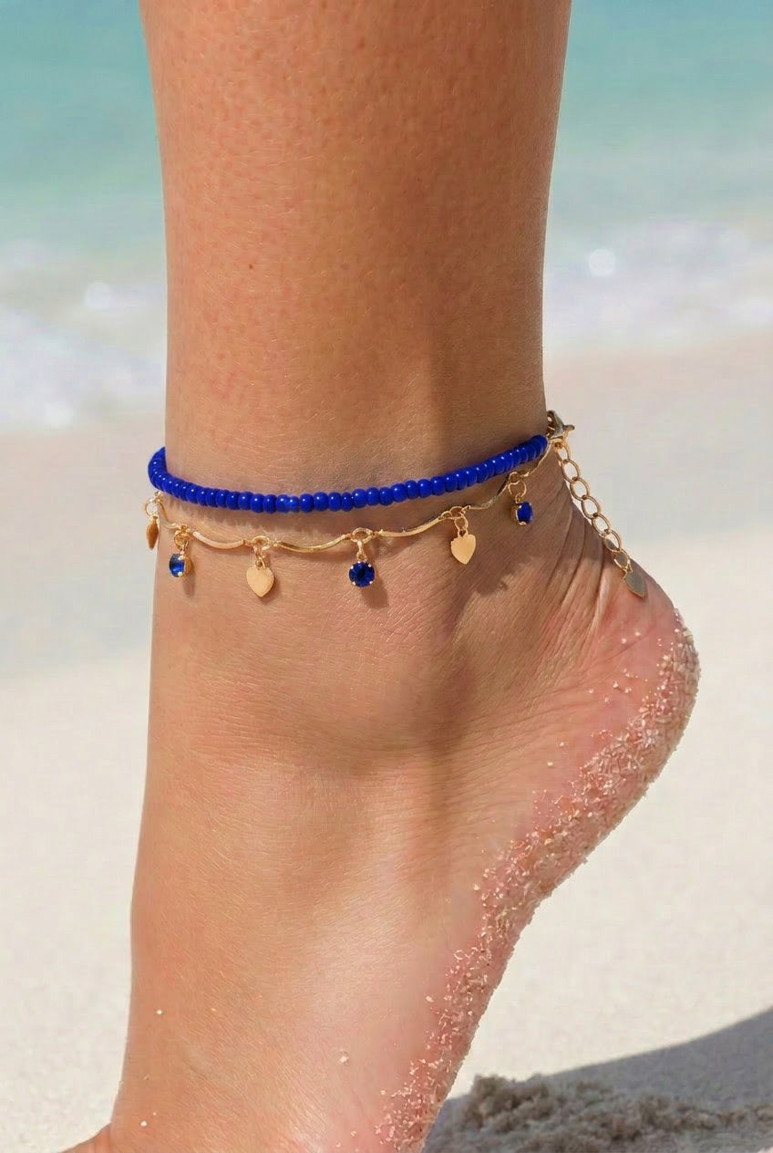 NEW080726 Blauwe Kralen Enkelbandjes Set met Hartjes en Steentjes