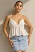 Crème Peplum Top met Spaghettibandjes en Geplooide Cups