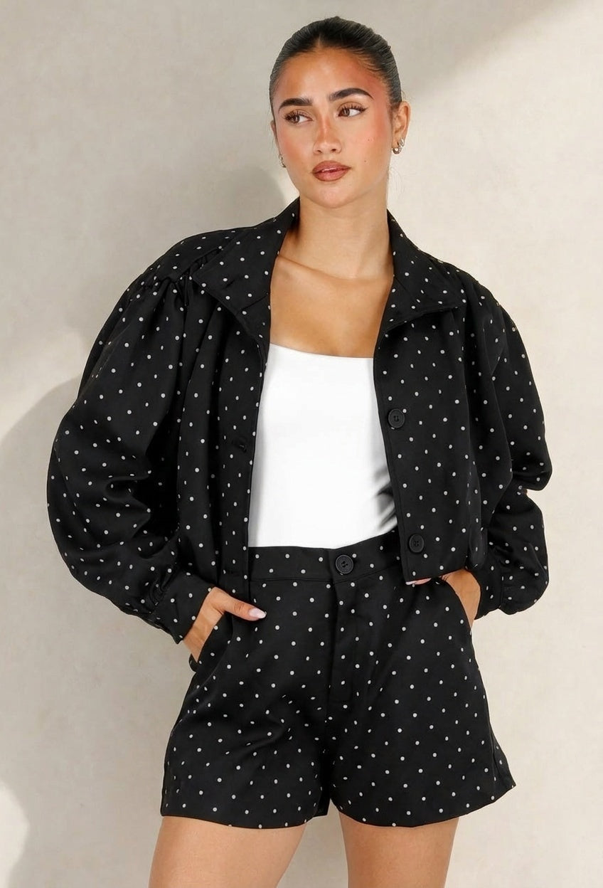 Zwarte Two Piece Set met Witte Stippen en Kraag