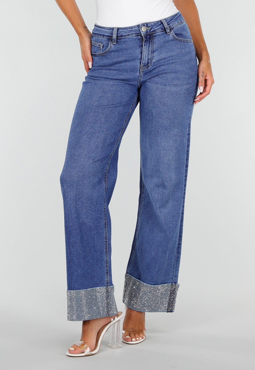 NEW020926 Blauwe Denim Straight Leg Jeans met Glitter Omslag