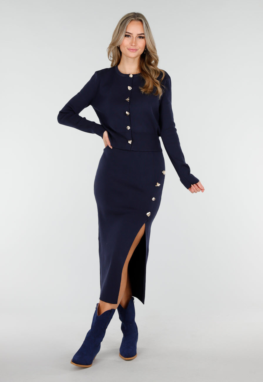 Donkerblauwe Knitted Set met Knopen en Split in de Rok