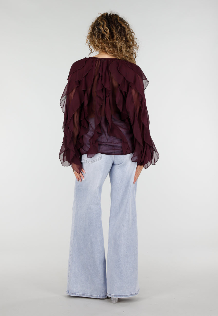 Bordeaux Chiffon Blouse met Ruffles en Lange Mouwen