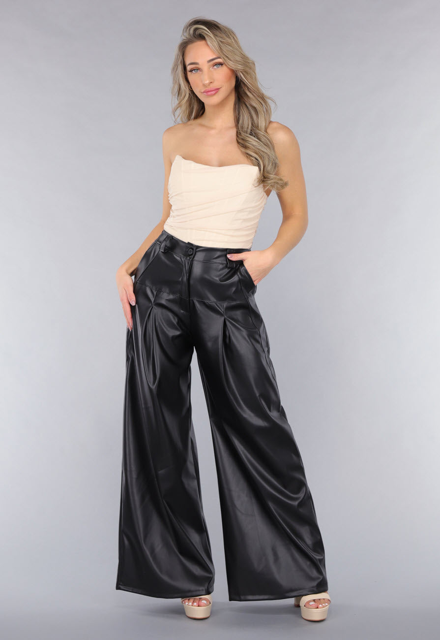 Tall Lederlook Wide Leg Pantalon in Zwart