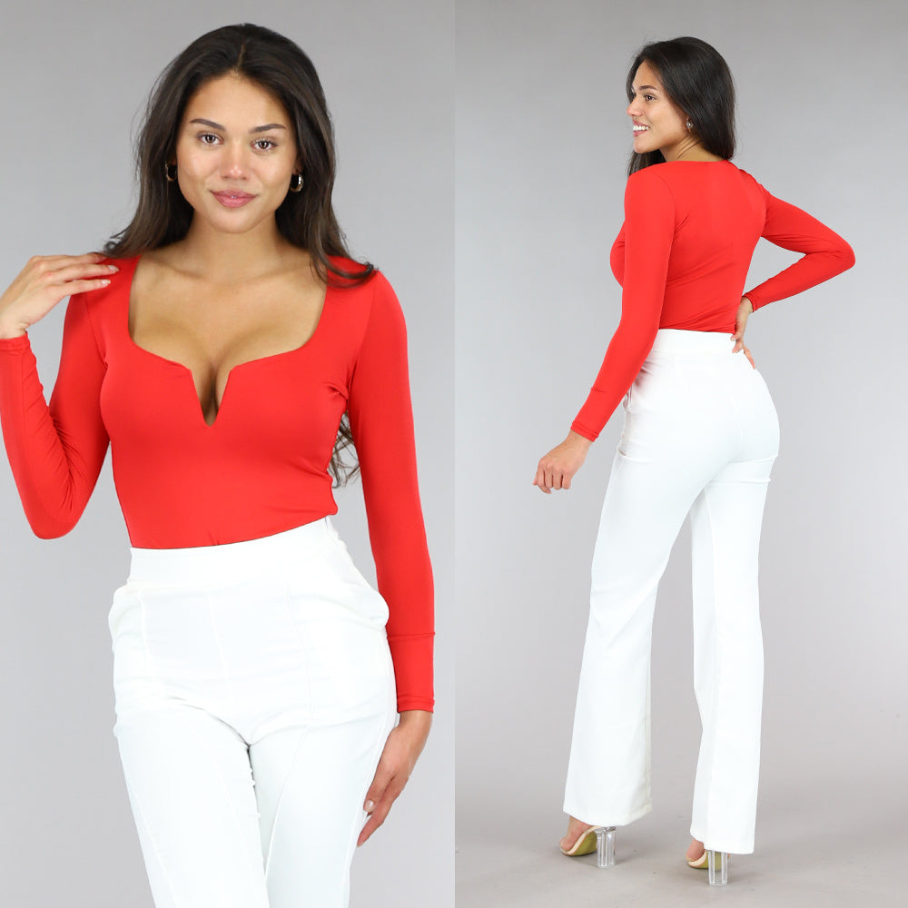 Elastische Rode Bodysuit met Diepe V-Hals