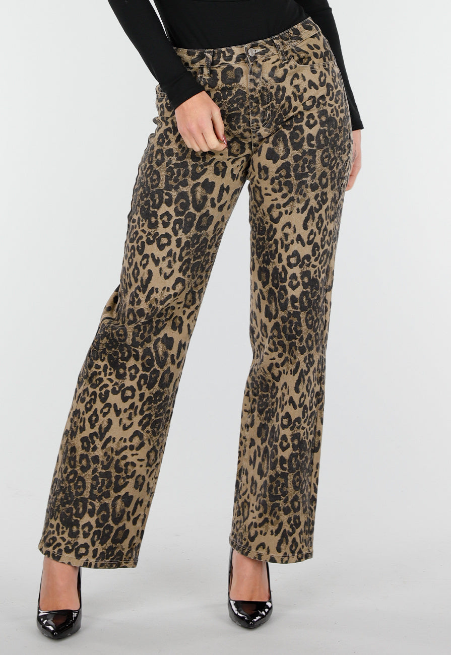 Bruine Luipaardprint Stretch Broek met Rechte Pijpen