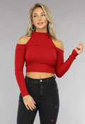 Rode Ribstof Top met Off Shoulder Detail