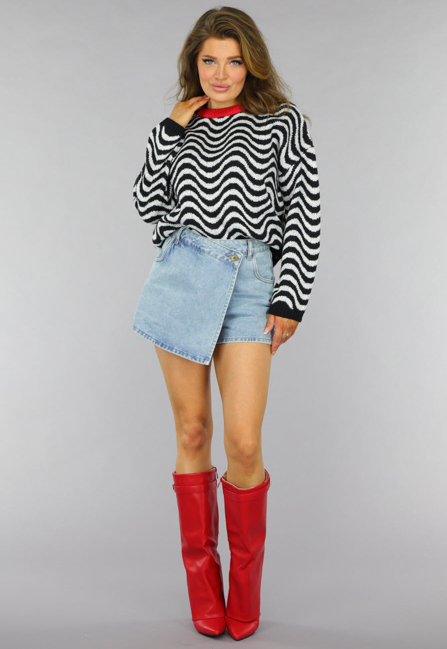 Gebreide Wavy Trui met Rood Detail