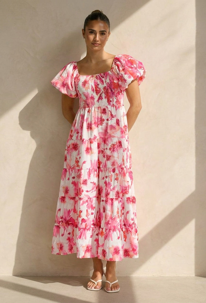 Roze Bloemen Maxi Jurk met Pofmouwen en Gesmokte Taille