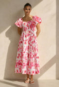 Roze Bloemen Maxi Jurk met Pofmouwen en Gesmokte Taille