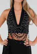NEW120826 Zwarte Bodychain met Zwarte Stenen en Meerdere Kettingen