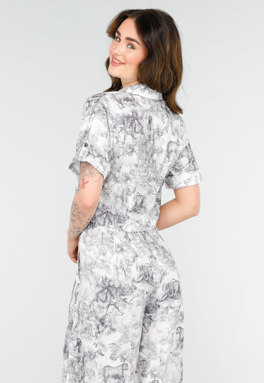 Stijlvolle Set in Zwart-Wit Print met Oversized Blouse en Lange Straight Leg Broek