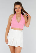 Roze Gehaakte Haltertop met Stretch en Cropped Model