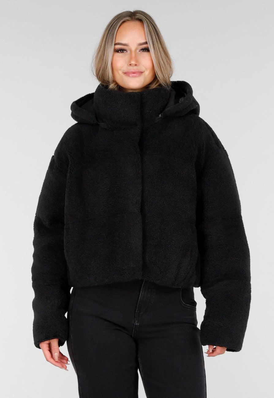 Zwarte Teddy Jas met Capuchon en Ritsluiting