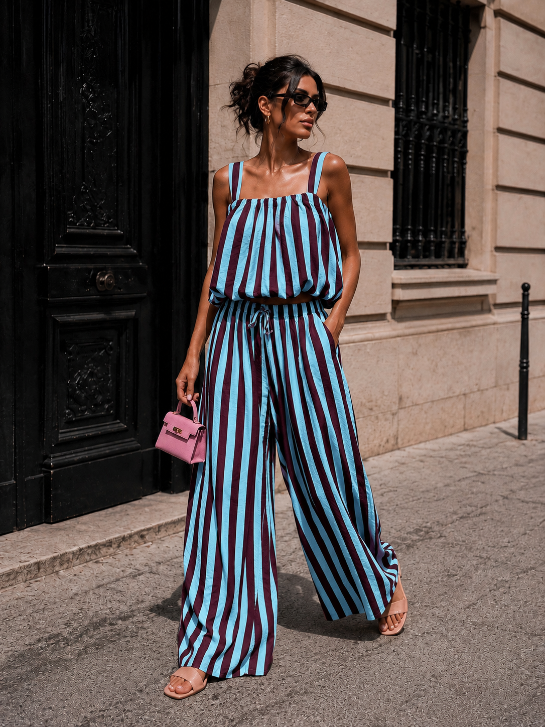 NEW150726 Blauwe Burgundy Gestreepte Two Piece Set met Mouwloze Top en Wide Leg Broek