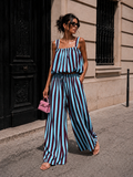 NEW150726 Blauwe Burgundy Gestreepte Two Piece Set met Mouwloze Top en Wide Leg Broek