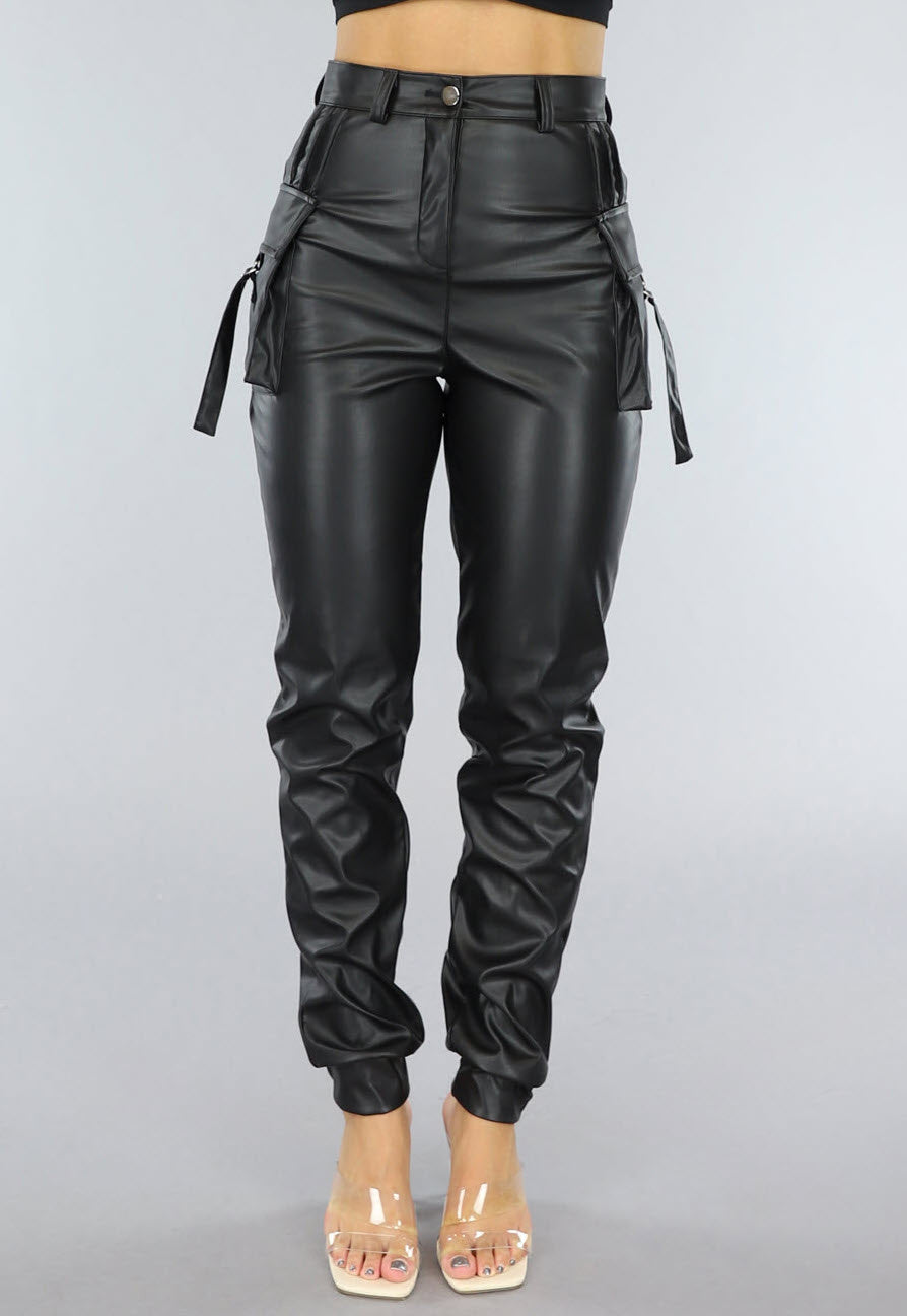 Lange Zwarte Lederlook Cargo Broek