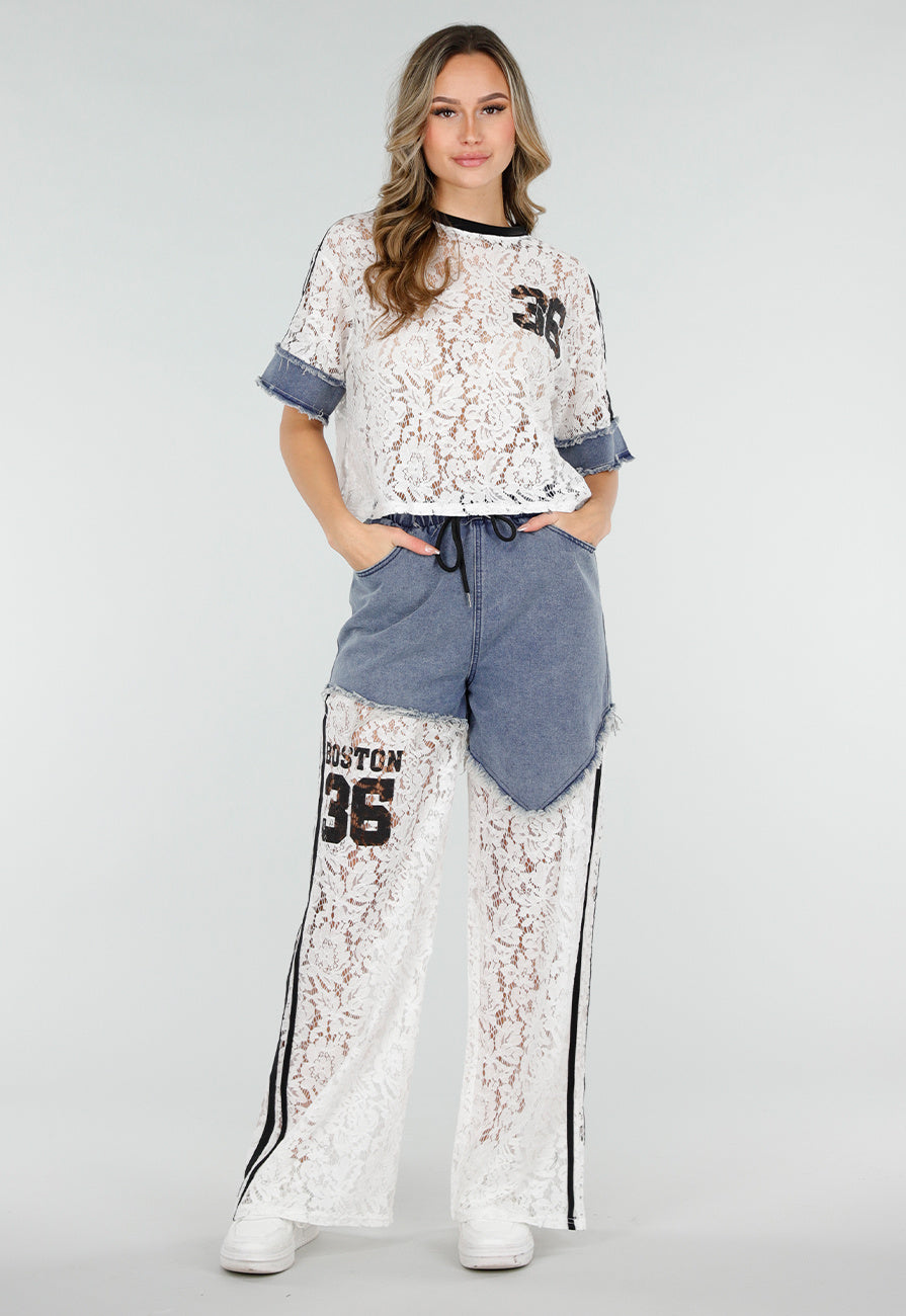 Witte Two Piece Set met Kant en Denim