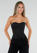 NEW050826 Zwart Gestreept Strapless Korset met Vetersluiting en Rits