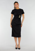 Zwarte Stretch Midi Jurk met Gouden Taille Detail