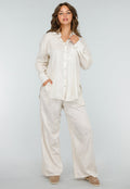 Beige Tweedelig Setje met Geborduurde Blouse en Broek