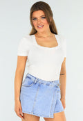 Witte Ribstof top met Ronde Hals